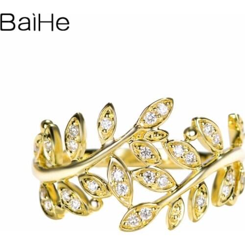 BAIHE Solid 14K Yellow Gold 0.16ct H/SI Diamonds Wedding Women Trendy Fine Jewelry Beautiful leaves natural diamond Gift Ring