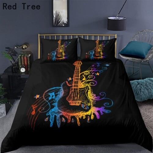 Guitar Musical Instruments Digital Printed Bedding Set White and Black Cartoon Design Duvet Cover Microfiber Fabric Bed Linens