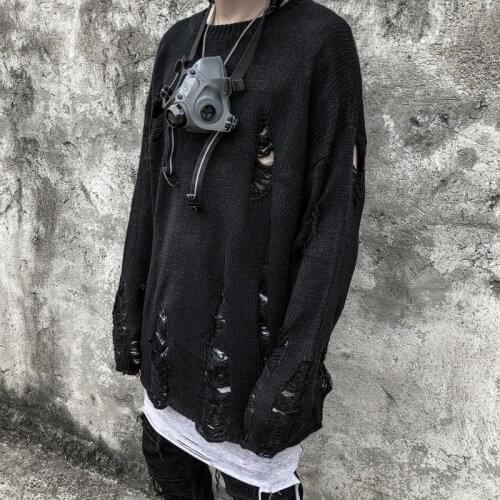 EukaaRu High Street Ripped Sweater Mens Punk Hip Hop Loose Long Sleeve Sweater Fashion Pullover Man Street Oversized Clothes