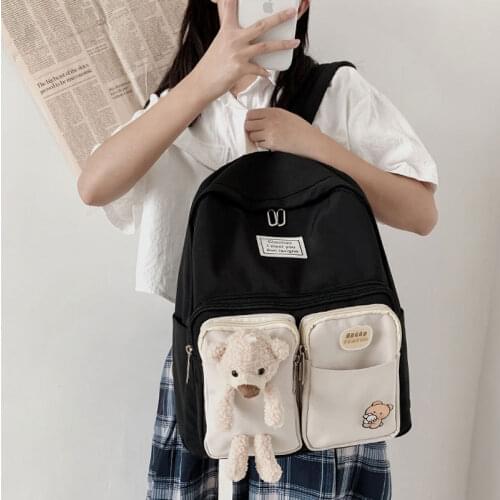 Nylon Bear Backpack with Badges Teen Travel School Bags Large Capacity Waterproof Backpack Solid Color Backpack with Badges