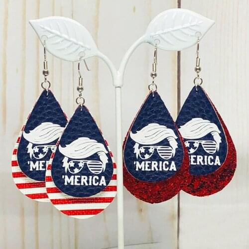New! Trump 2020 Navy White Merica Printed Striped Leather Earrings Glitter Double Layer Teardrop Earrings Make Your Order