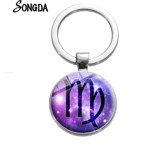 New Arrived 12 Constellation Keychain Horoscope Astrology Zodiac Sign Glass Gem Key Rings Purple Galaxy Llaveros Birthday