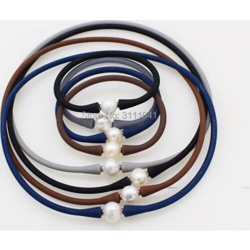 One set freshwater white pearl near round 10-11mm black/blue/brown/gray silicone necklace bracelet FPPJ wholesale