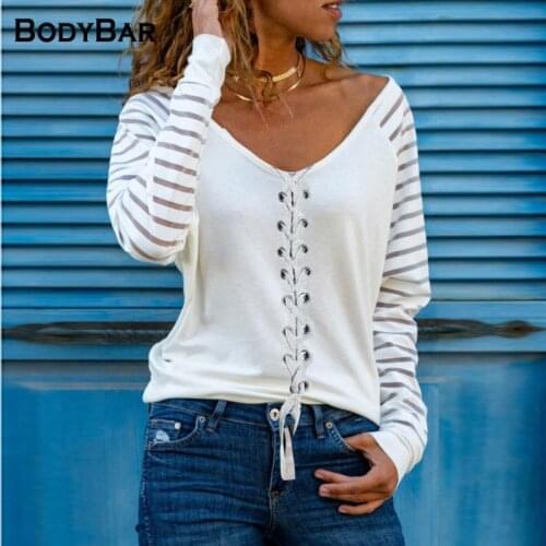 Sexy Front Lace-up Top Spring Women Long-sleeved V-neck Pullover Casual Solid Color Single-breasted T Shirt Oversized Female Tee