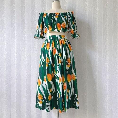 Runway Fashion 2 Pieces Sets Women Designer Slash Neck Ruffles Short Top+Long Skirt Casual Holiday Green Flower Priint Sets
