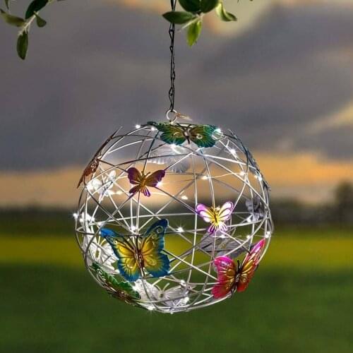 Garden Decorative Hanging Globe Solar Lights With Butterfly Outdoor Waterproof Metal Openwork Hanging Lamps For Patio Yard