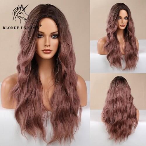 Blonde Unicorn Synthetic Wig Long Natural Wavy Hair Ombre Brown Red for White Black Women Heat Resistant Fiber Cosplay Daily Use