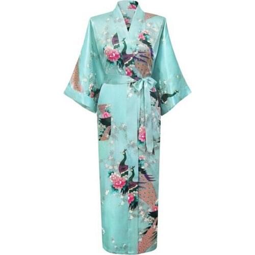 Light blue Fashion Womens Peacock Long Kimono Bath Robe Nightgown Gown Yukata Bathrobe Sleepwear With Belt S M L XL XXL XXXL