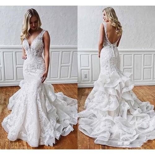 Robe de mariee Romantic Ruffled Train Lace Wedding Dresses 2019 Sexy Backless Bride Gown Mermaid Deep V Neck Wedding Dresses