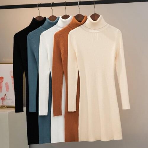 Knitted Dress Long Sleeve Autumn Winter Dress Women Warm Sexy Bodycon Turtleneck Mini Party Dresses 2021 Korean Clothes Sweater