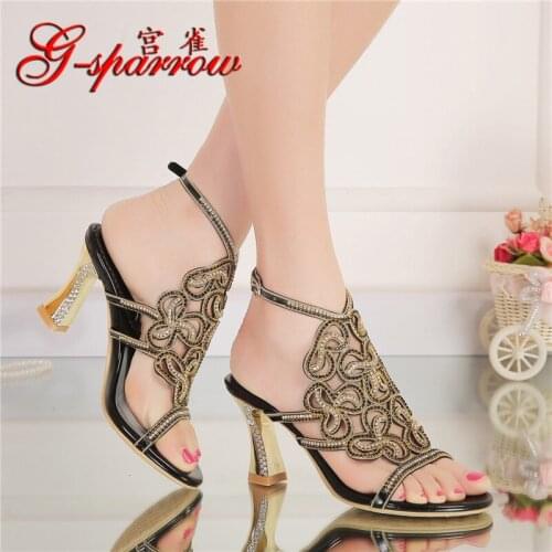 G-sparrow 2018 Summer New Rhinestone Sandals Diamonds Thick High Heel Womens Bohemian Fashion Shoes Large Size Black