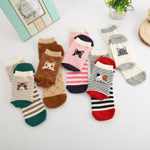Women Socks Korean Cartoon Animal Print Kitty Kawaii Stripes Funny Female Hosiery Harajuku Street Hip Hop Cotton Socks Autumn