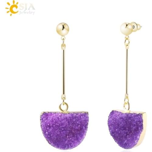 CSJA Natural Druzy Stud Earrings Semicircle Quartz Crystal Stone Gold Color Pendant Earring for Women Fashion Jewelry Gifts F773