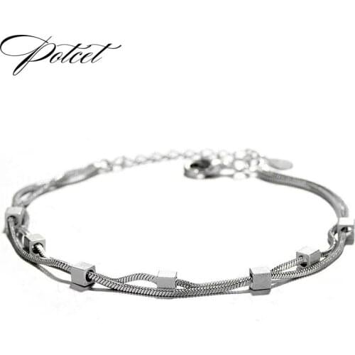 POTCET Womens Stainless Steel Cube Titanium Steel Double Bracelet Geometric Hip Hop Personality Party Jewelry