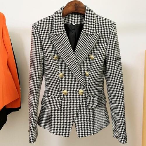 2021 Plaid Jackets Blazer Women Double-breasted Gold Button Black White Pink Plaid Woolen Houndstooth Suit Work Blazer Spring