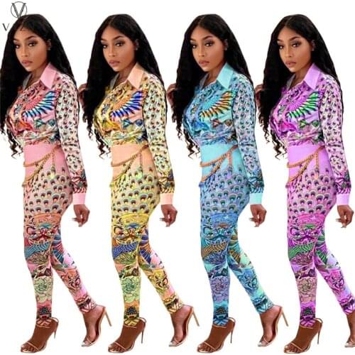 VAZN 2021 Spring Women New Street Casual Style Sets Long Sleeve Lapel Shirt Elastic Long Pants Printed Two Piece Sets