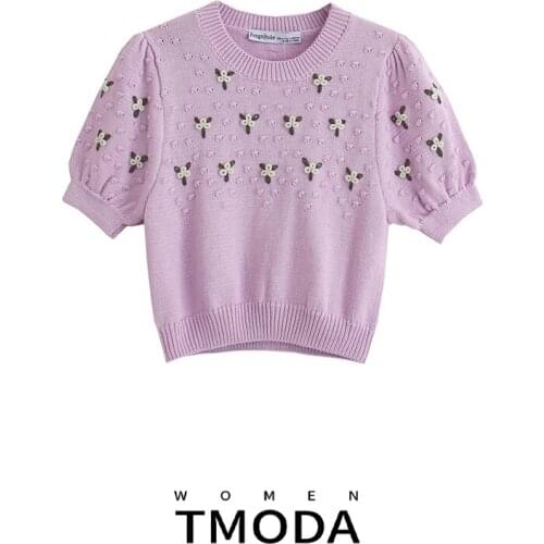 TMODA1047 Za 2021 Women Sweet O Neck Purple Beige Floral Hollow Out Knitting Threaded Cuffs Sweater Female Chic Pullovers Tops