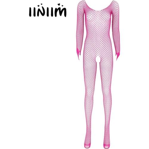 Womens Lingerie See-through Mesh Bodystocking Round Neck Long Sleeve with Thumb Hole Crotchless Bodysuit Stretchy Nightwear
