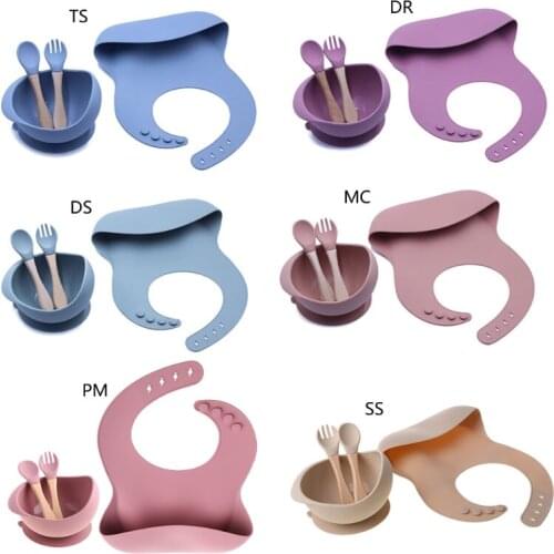 : 4Pcs Feeding Set Food Grade Silicone Waterproof Bibs Baby Non-Silp Suction Bowl Kids Tableware BPA Free Spoon Fork