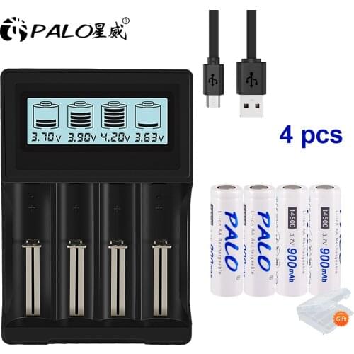 PALO 3.7V 14500 AA 900mAh lithium rechargeable 14500 battery AA Li-ion 14500 batteries / smart charger for 3.7V lithium battery