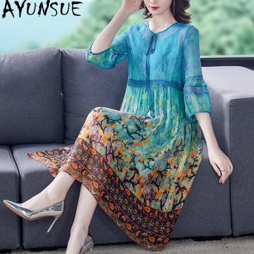 AYUNSUE Woman Dress Summer Beach Floral Midi Plus Size Dress 2021 High Quality Fashion Spring Silk Dresses Vestidos KJ6977