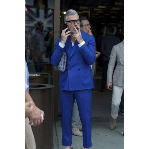 Loral Blue Men Blazer 2 Piece Groom Tuxedos For Wedding Formal Prom Suit (Jacket+Pants) Chic Streetwear Double Breasted