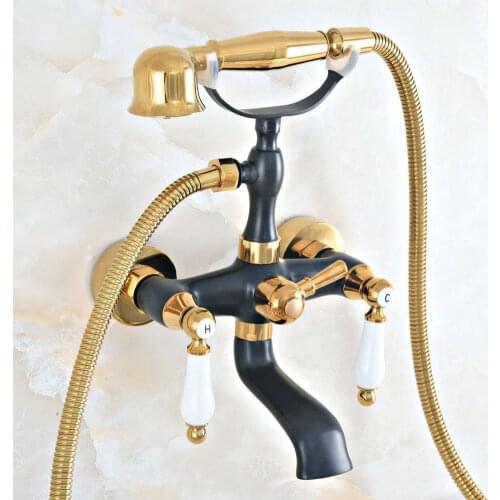 Black Gold Color Brass Bathtub Faucets Hand Rain Shower Head Tap Luxury Ceramic Telephone Wall Bath Faucet zna411