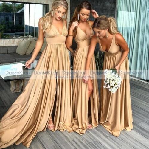 Golden Satin Bridesmaid Dresses For Womens Wedding V-neck Wedding Guest Dress Lady Honor High Split A-line Party Gown Cheap