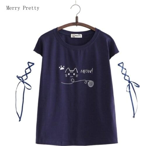 Navy Blue Cartoon Cat Embroidery Lace Up T-Shirts Funny Cotton T Shirts For Women Casual O-Neck Short Sleeve Bottoming Tops