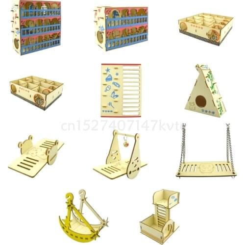 Hamster Maze Wooden Tube Tunnel Cage Seesaw House Swing Small Animals Pet Toys R9CA