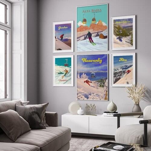 Alta Badia Ski Resort Poste Winter Mountain Champery Canvas Painting Retro Wall Art Picture for Living Room Aesthetic Room Decor