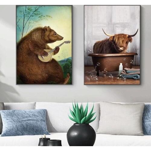 Funny Bear playing guitar Cow Bathing canvas painting Animals Oil picture On Canvas Wall Art Room Decoration Picture For Home