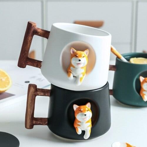 Cute Cartoon Animal Shiba Inu Ceramic Mug Creative Men and Women Couple with Lid Spoon Drinking Water Coffee Cup
