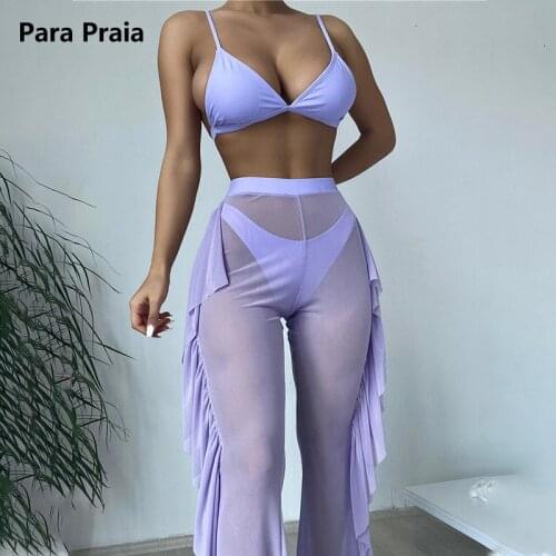 Para Praia 2021 Solid Three Pieces Swimsuit with Ruffle Pants Mesh Swimwear Women Bikini Female Sexy Bathing Suit for Women