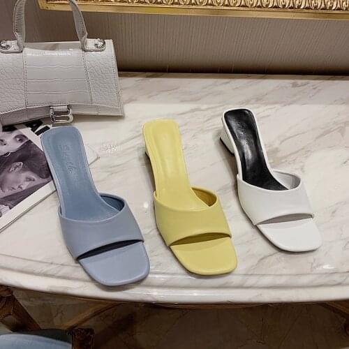 2021 Summer Women Slippers Gladiator Square Toe Slip On Square Mid Heels Solid Color Slides Outdoor Mules Shoes Woman Size 35-39