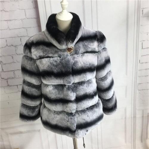 Real Rex Rabbit Fur Coat Color Chinchilla with stand collar short-medium Genuine fur coat jacket