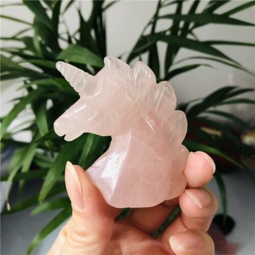 Natural rose quartz crystal unicorn carved gemstone animal Reiki healing stone home decor