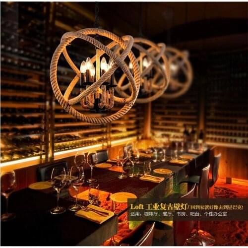 Nordic Retro Loft Vintage Hemp Rope Iron Round Ball Pendant Light For Restaurant Bar Bedroom Dining Room E27 Hanging Lamp