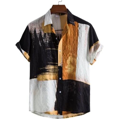 New Stylish Short Sleeve Men Leisure Shirt Turn-down Collar Casual Patchwork Print Loose Hawaiian Shirt Travel Beachwear Tops