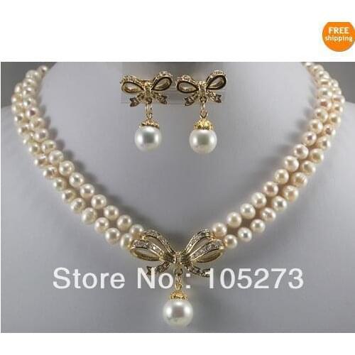 New Arriver Pearl Jewelry Set 6-7mm White Natural Pearl & Golden Inlay White Crystal Pendant Necklace Earring Hot Sale Free Ship