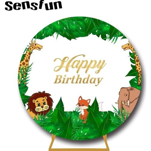 Sensfun Safari Jungle Party Round Backdrop Cover Green Leaves Animals Wild One Photography Background Custom Circle Photo Studio