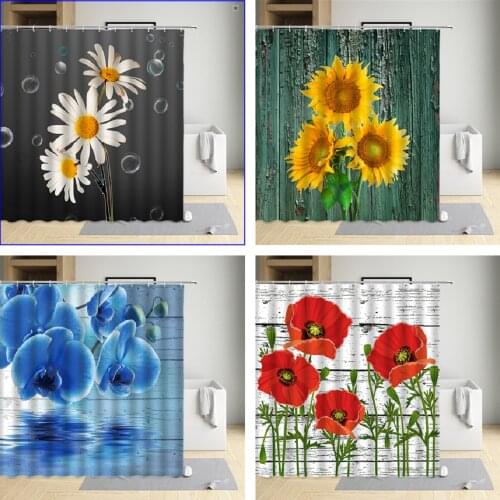 Flower Shower Curtain Modern Minimalist Daisy Sunflower Butterfly Flower Tulip Rose Lavender Bathroom Polyester Strap Hook Sets