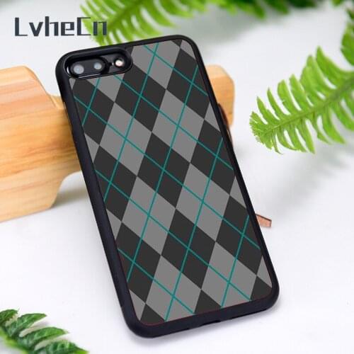 LvheCn Silicone Rubber Phone Case Cover for iPhone 6 6S 7 8 Plus X XS XR 11 12 Mini Pro Max Cute Black Gray Grey & Teal Argyle
