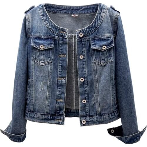 Vintage Jeans Jacket Womens Short Coat Korean Spring Autumn New O neck Epaulette Denim Jackets Plus size Casual Female Outwear