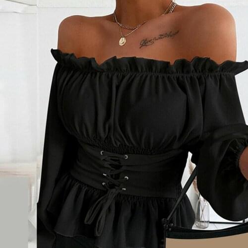 Women Autumn Casual Solid Color Long Sleeve Ruffled Hem Off Shoulder Top Blouse