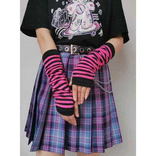 Emo Gloves Women Striped Arm Warmer Knitted Long Fingerless Gloves Harajuku Gothic Streetwear Accessories Christmas Gift Egirl