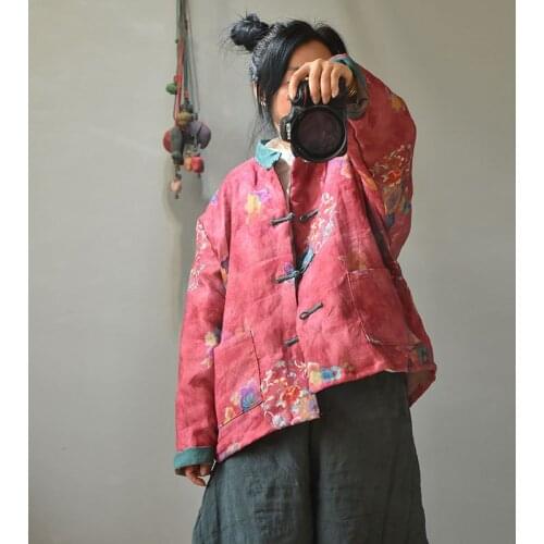 Women Loose Printed Ramie Parkas Padded Coat Outerwear Female Vintage Ramie Topcoat Tops Ladies Vintage Coat 2020 autumn Winter