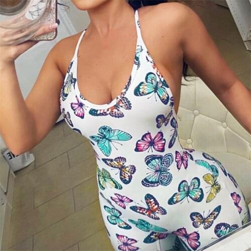 2020 Sexy Strap Sleeveless Rompers Women Elegant Butterfly Print Backless Casual Skinny Jumpsuits Leotard Suspenders Overalls