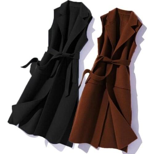 Women 2021 Autumn Winter Elegant Wool Long Vest Sleeveless Coat Lady Female Outerwear Waistcoat With Belt Jacket Tops Plus Size