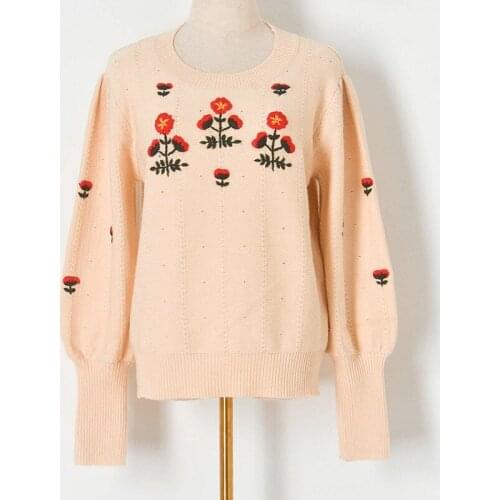 Runway Lantern Sleeve Hand Embroidered Flowers Knitted Wool Ladies Pullover High Quality O-Neck Loose Casual Sweater Coat 2021